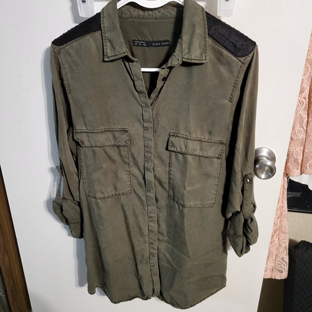 ZARA ARMY GREEN BUTTON DOWN CASUAL TOP WOMANS SZ S